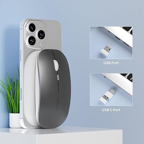 Miniatura 8 de Mouse inalámbrico Q5 de Picktech, recargable, portátil, 2.4 GHz, silencioso, ultra fino, con receptor USB y adaptador tipo C, compatible con PC,