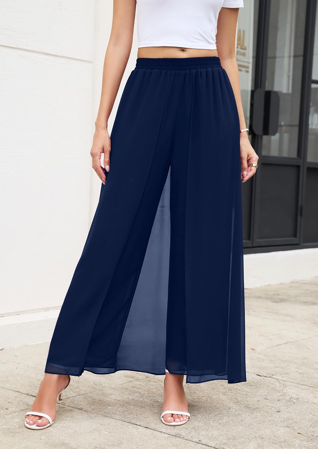 WANGZHI Women's Wide Leg Dress Pant Elegant Party Elastic Waist Trouser with Pockets - Image 2