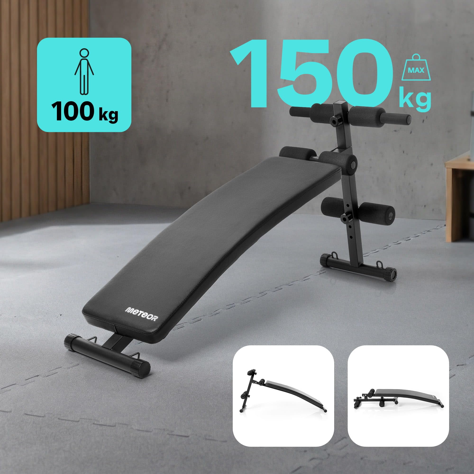meteor Sit Up Bank klappbar Bauchtrainer Schrägbank Fitnessbank für Zuhause verstellbar platzsparend ideal für kleine Wohnungen Trainingsbank negativ Beinfixierung