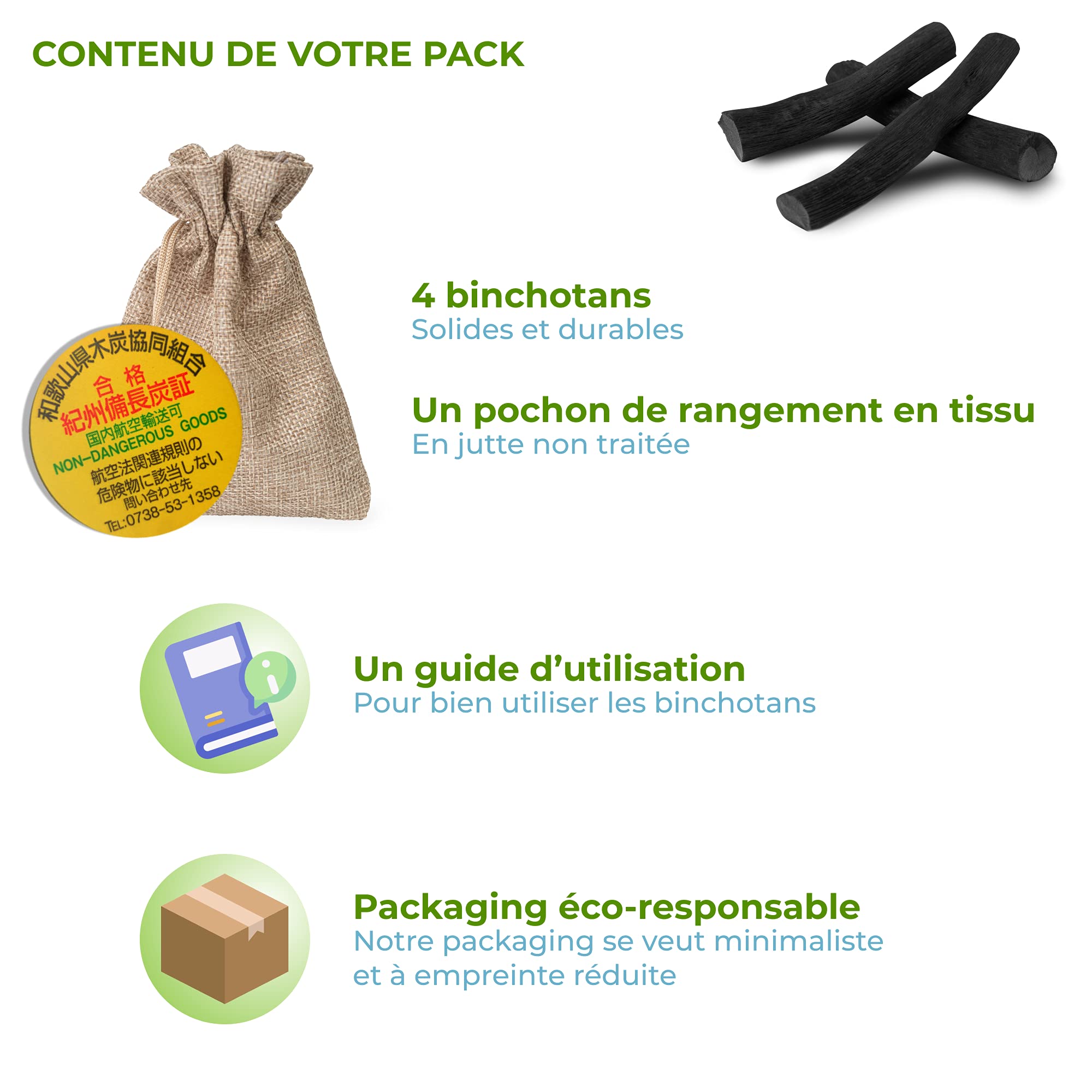 BINCHOTAN de KISHU X4 (160 g) Charbon Actif Purificateur eau robinet Filtre naturel bio pour Carafe Bouteille Fontaine à eau Gourde