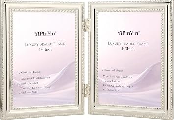 YiPinYin Classic Silver Plated 4x6 Double Picture Frame,Classic Beaded Metal Design,Real Glass Front and Premium Soft Velvet Backing,with Tabletop and Wall Decor