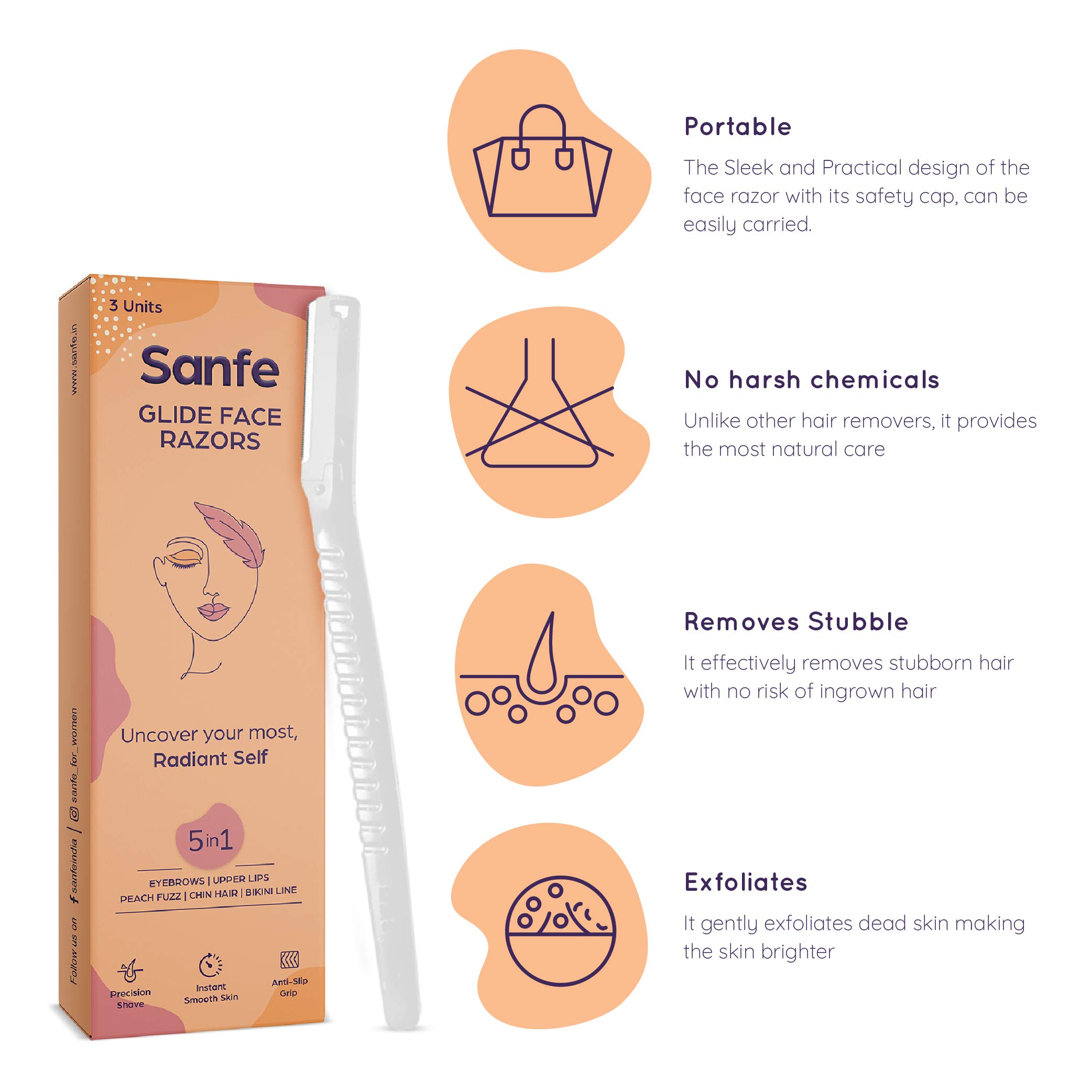 Sanfe Glide Reusable Face & Eyebrow Razor For Women | For Safe & Pain Free Facial Hair Removal - 3 pcs | Razor for Face, Eyebrows, Upper Lips, Chin, Side Locks, Forehead | For Soft Hair 1
