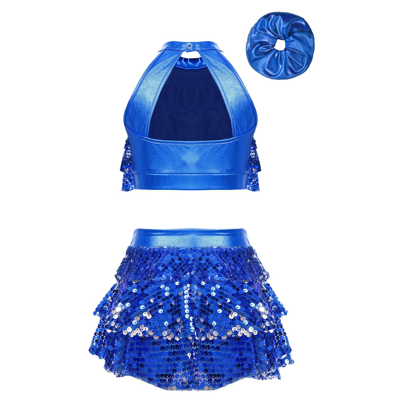 JanJean Kids Girls Sparkle Metallic Crop Top with Skirted Hair Band for Hip Hop Jazz Street Dance Competition Royal Blue 5-6 Years