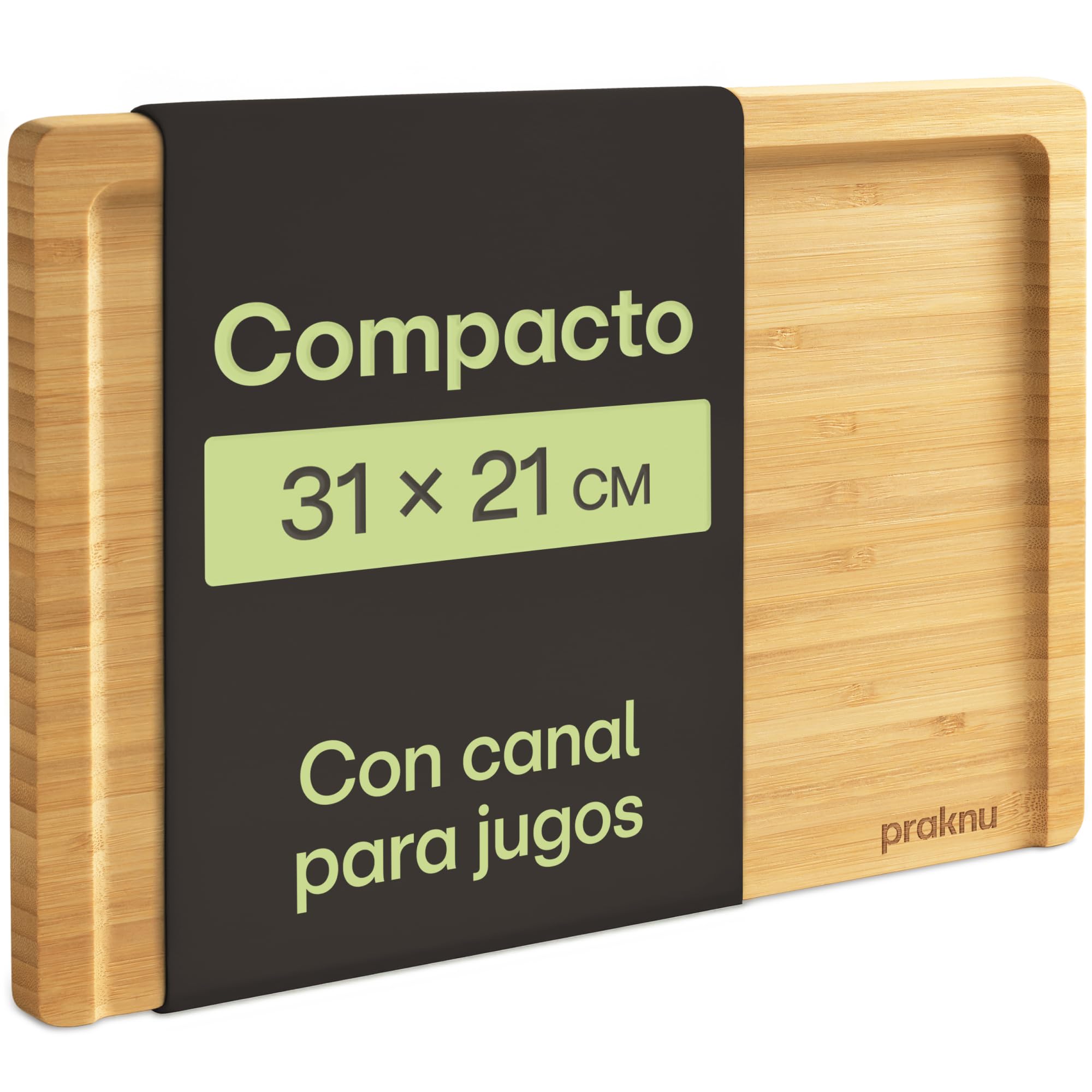 Praknu Tabla de Cortar Cocina Madera Bambú - Compacta 31,5 X 21,5 Cm - Con Ranura Para Jugo y Reversible - Bambú FSC® Para Verduras, Carne y Servir - Ahorra Espacio y Práctica