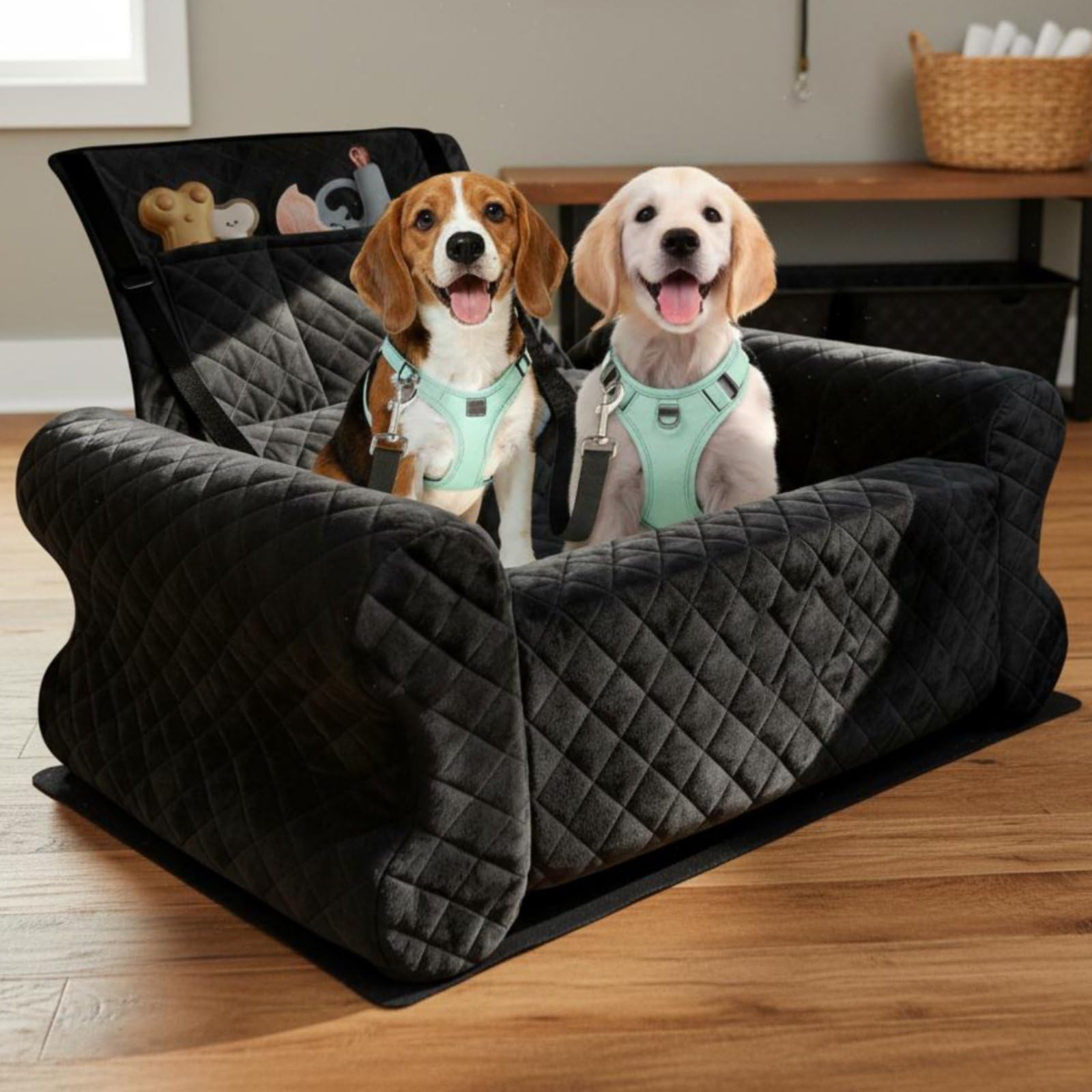 Cuscino Auto per Cani Cuccia Auto per Lettino da Viaggio per con Struttura Ergonomica E Interno Morbido Cinghie di E Tappetino Estraibile Adatto Guida Bagagliaio Soggiorno Gite, Nero