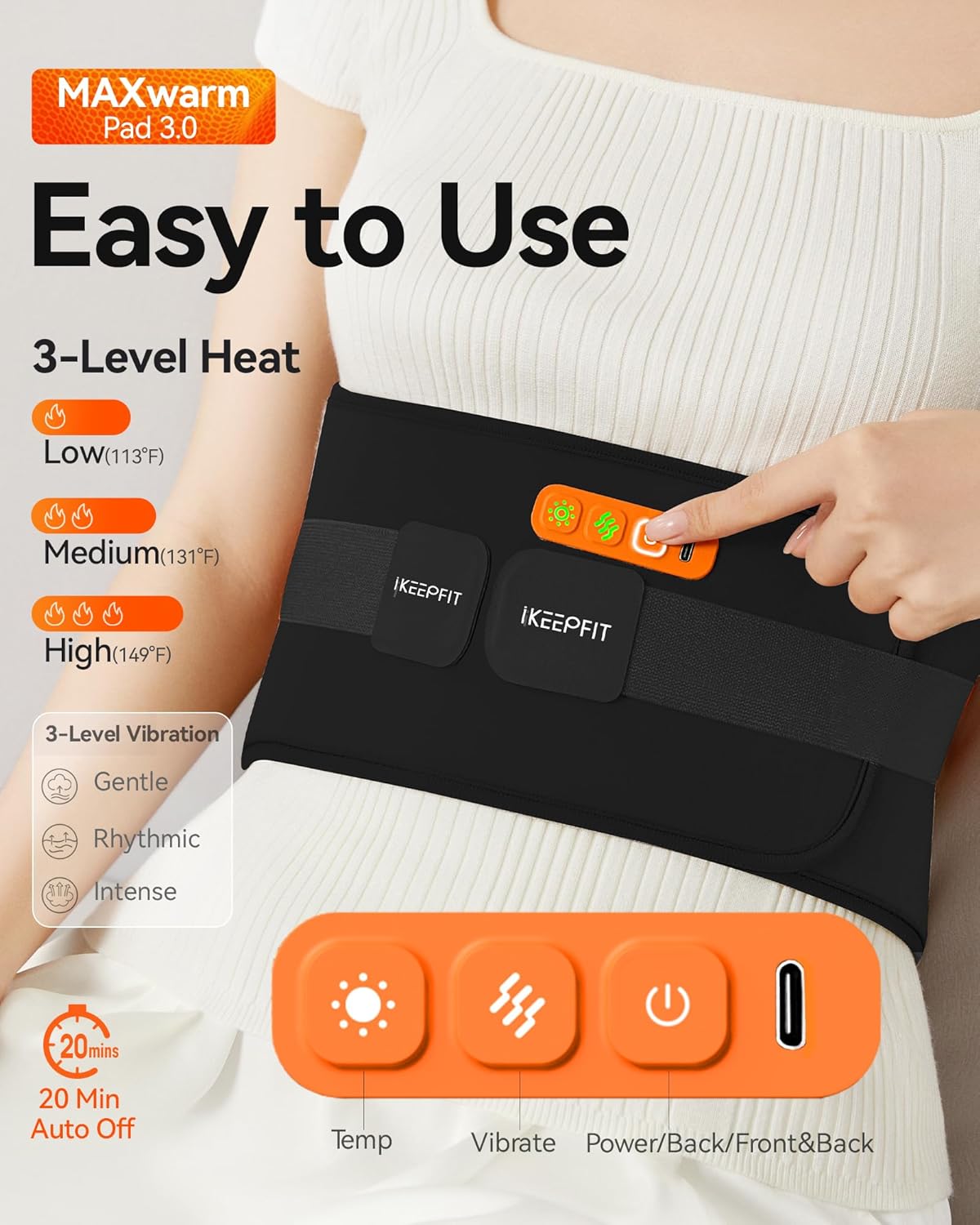 Portable Heating Pad for Back, Cordless Wearable Heat Belt with Massager for Lower Back Pain Relief, Battery Powered 8000 mAh Rechargeable, MAXwarm® 3.0, Gift for Women Men 90-310 lbs - Image 8