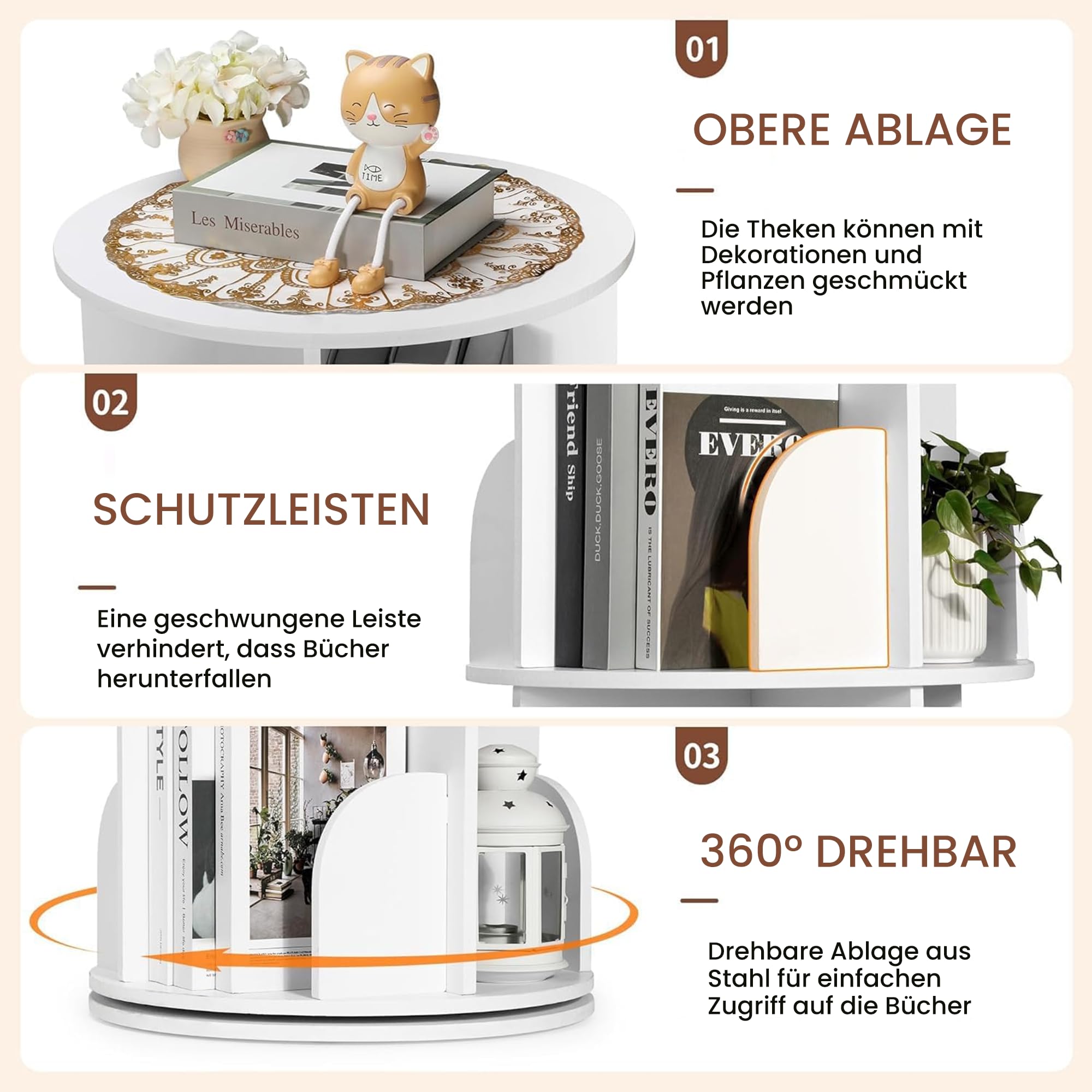 uyoyous Bücherregal, 360 Grad drehbar, Bücherregal aus Holz, 5 Ebenen, Bücherregal Möbel, Aufbewahrung, für Kinder und Erwachsene, Weiß
