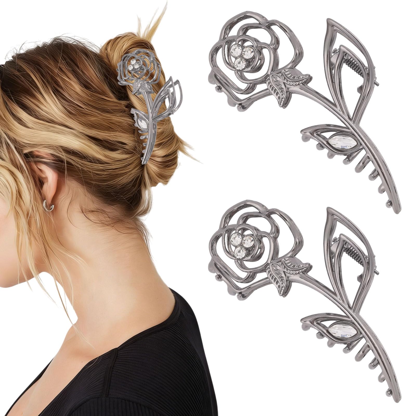 Pinzas de rosas negras con diamantes para sujetar el pelo sin tirones 8