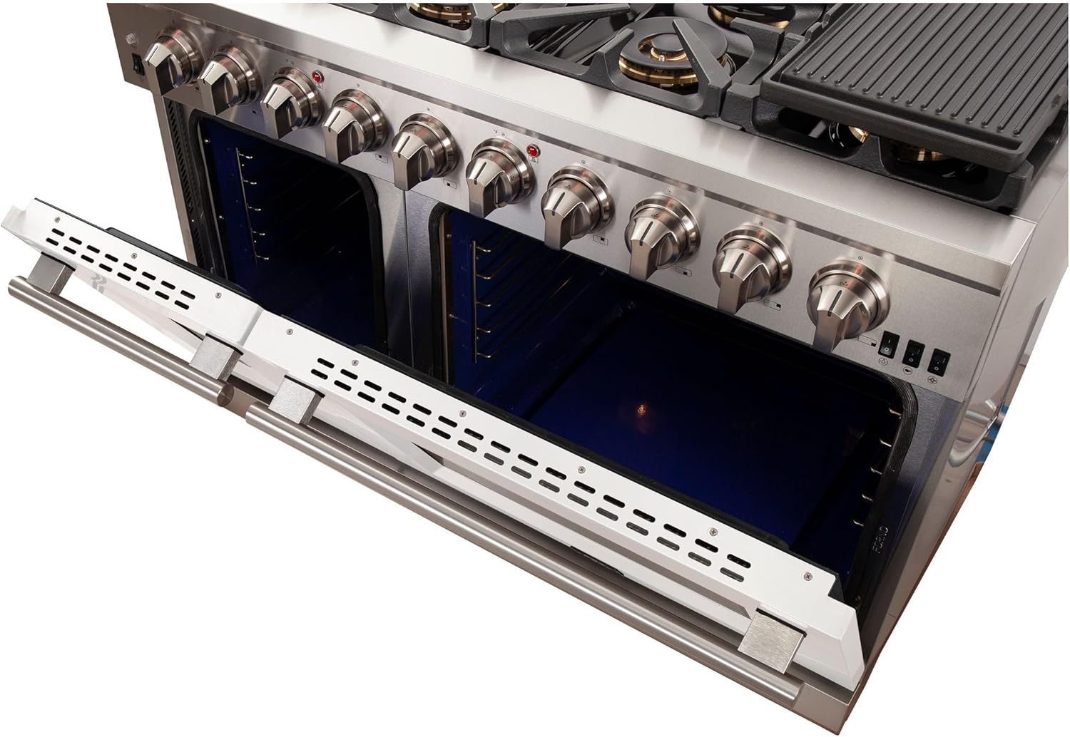 FORNO Capriasca Full Gas 48" Freestanding Range with 8 Sealed Burners Cooktop - 6.58 cu ft Double Gas Convection Oven Capacity, Stainless Steel Heavy Duty Cast Iron Grates White Door - FFSGS6260-48WHT