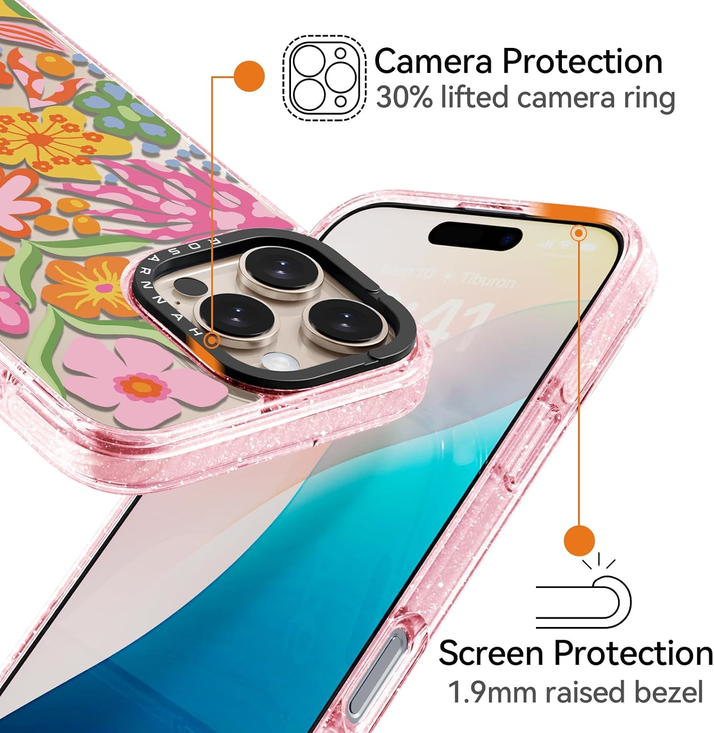 Rosarnnah for iPhone 16 Pro Max Case Cute - Durable Shockproof 6.6 ft Drop Impact Phone Case - Funny Passion Flower Design (6.9") Glitter Pink