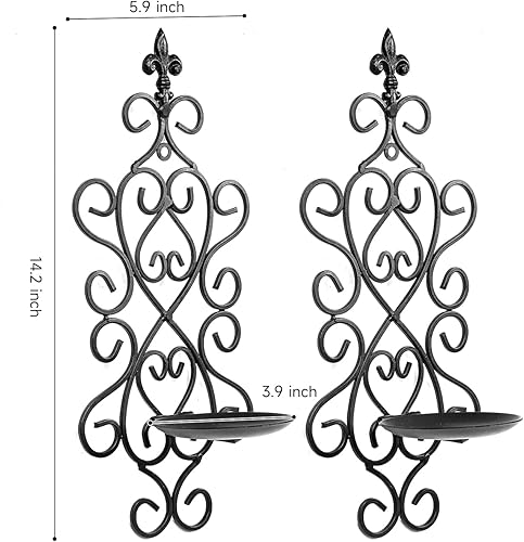 Miniatura 4 de Juego de 2 candelabros de pared, candelabros de pared para sala de estar, comedor, dormitorio, portavelas de pared de metal antiguo negro para