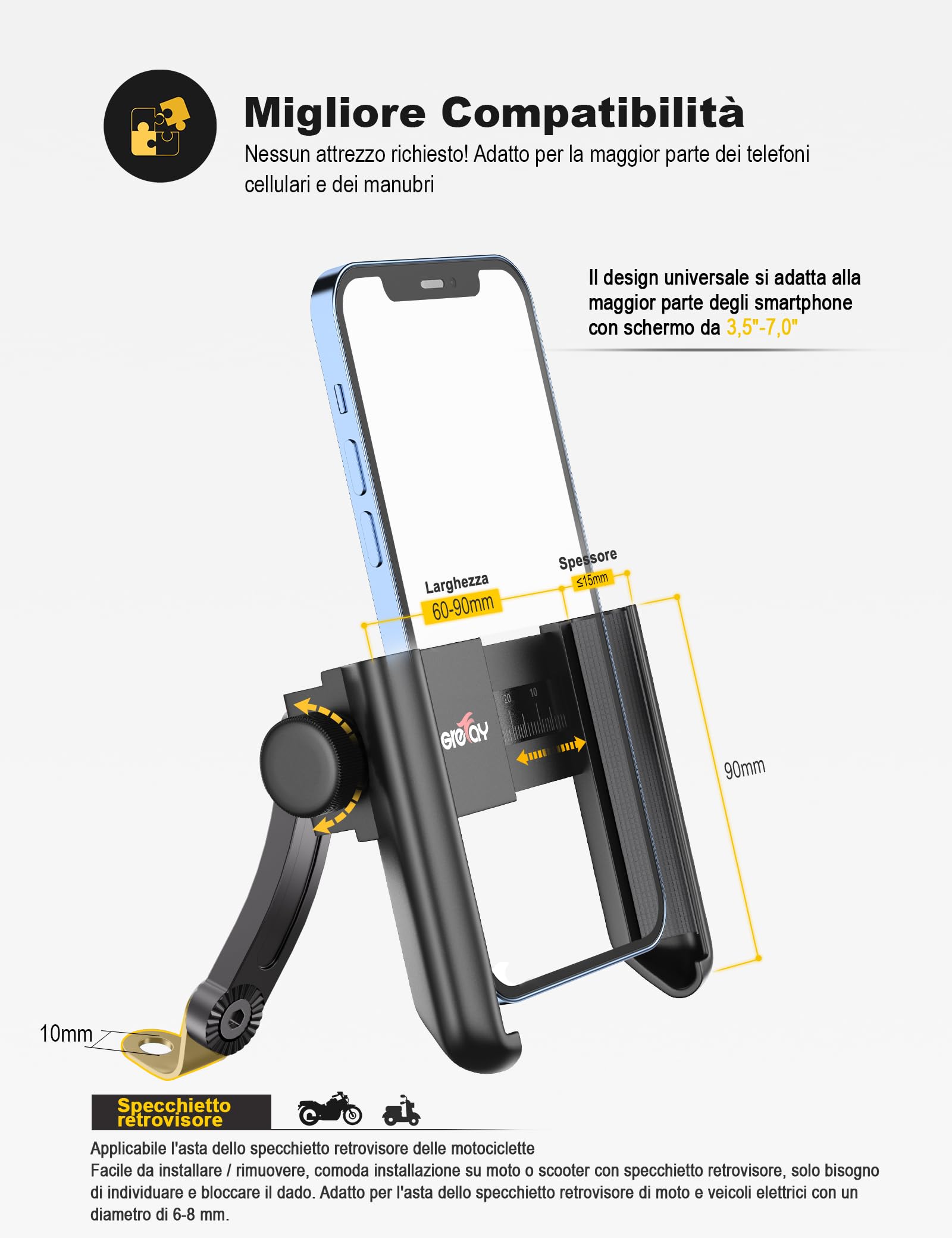 Grefay Supporto Telefono Moto Supporto Telefono Scooter Rotativo a 360° Rilascio Rapido Supporto Moto Telefono per 3,5-7,0 Pollici Smartphone Dispositivi