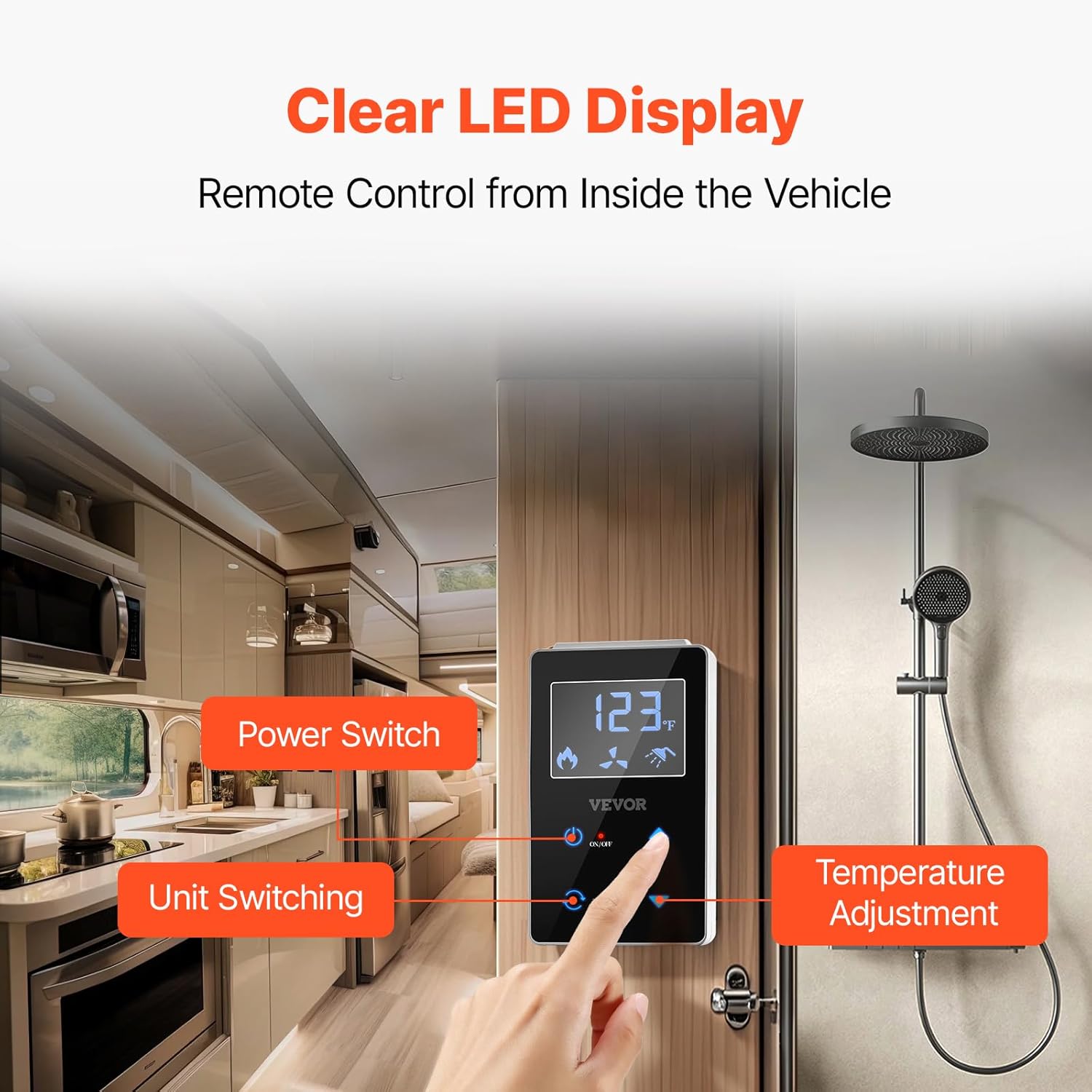 VEVOR RV Tankless Water Heater, 65000 BTU, Instant Shower with 15 x 15 in White Door and Remote Controller, Ideal for RVers' Family Everyday Use