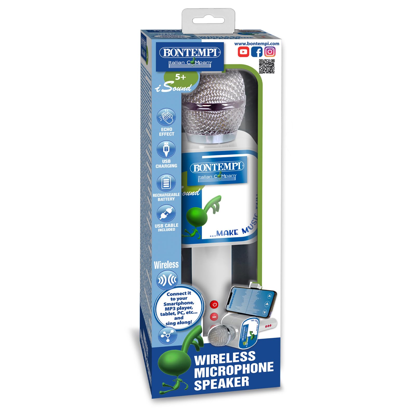 Bontempi | SonicLink Mic - Micrófono inalámbrico con Altavoz Integrado para un Rendimiento sin límites, 85x65x240 mm