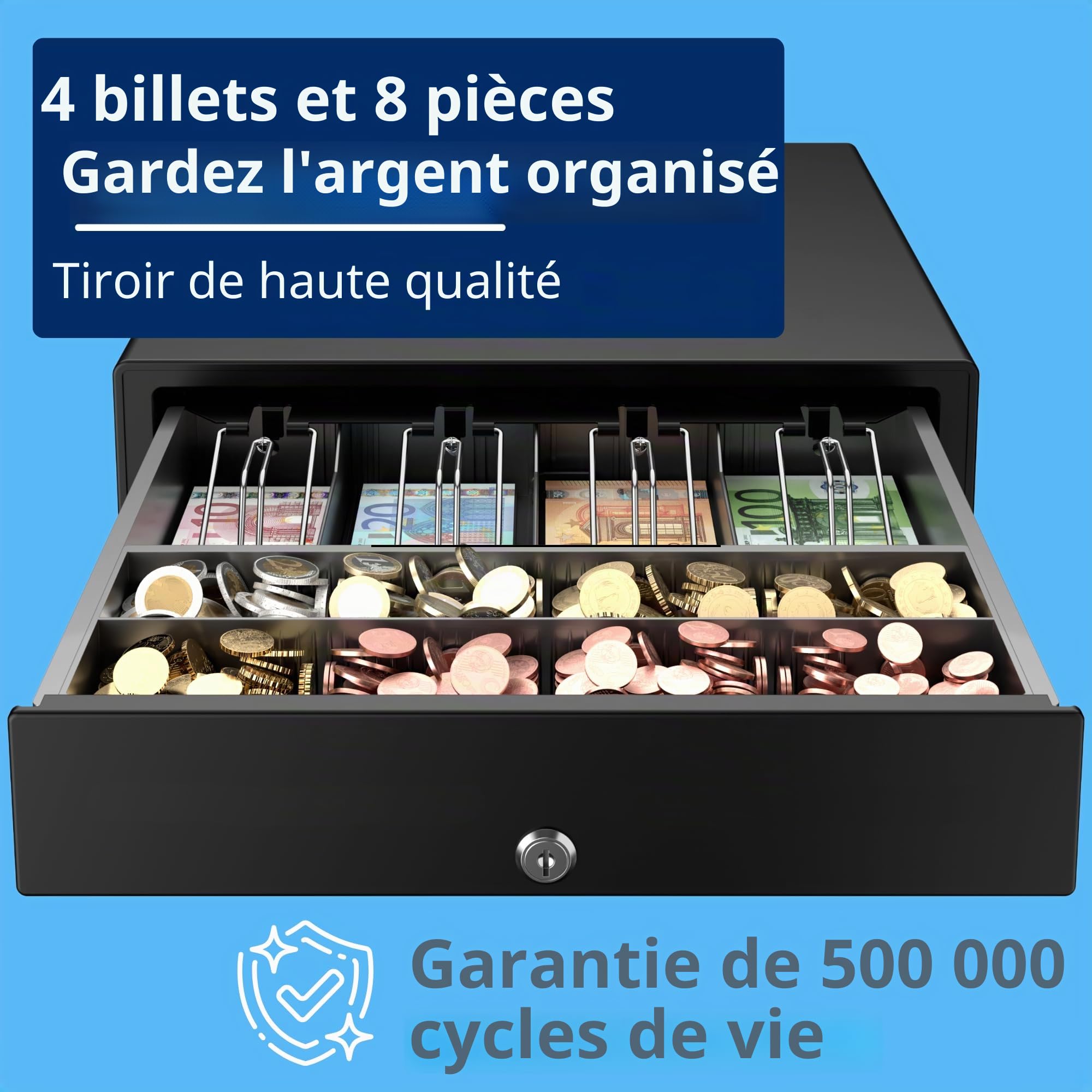 Tiroir caisse caisse pour imprimante de reçus et enregistreur de caisse. 4 billets / 8 pièces (euros) - Noir, automatique RJ, structure en acier - 42 x 41 x 10 cm