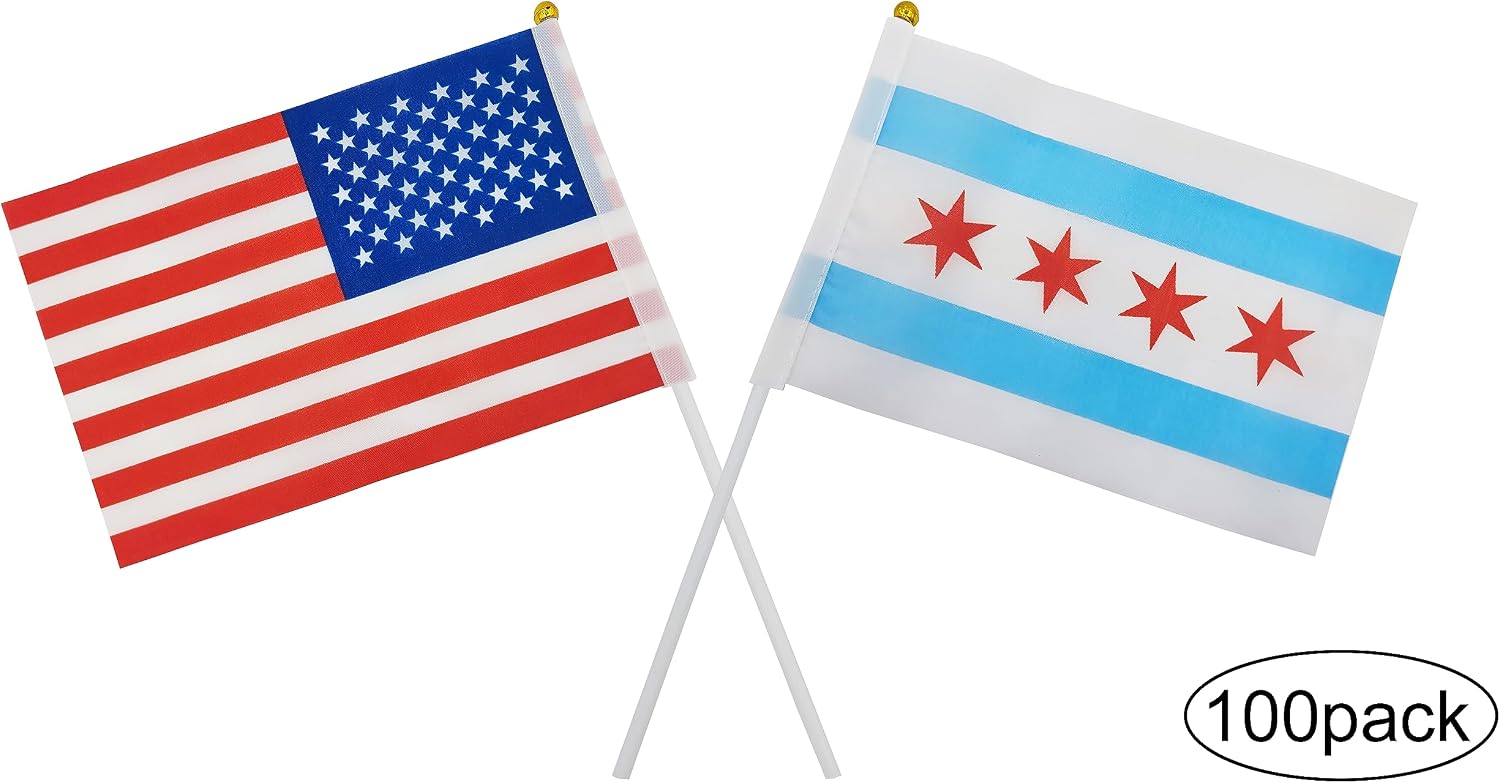 GentleGirl 100 Pack American USA Chicago Stick Flag Small Mini US Chicago City State Hand Held Flags Banner U.S. States Party Outdoor Yard Decorative,5"x 8" Inch