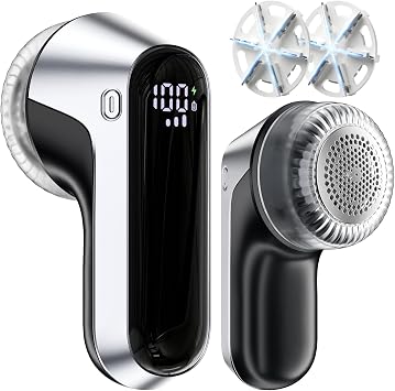 coldSky Fabric Shaver, Rechargeable Lint Shaver with Digital Display, Portable Sweater Defuzzer with 3 Speeds, 6 Leaf Blades and Safety Lock, Electric lint Remover for Clothes, Sweater Silver