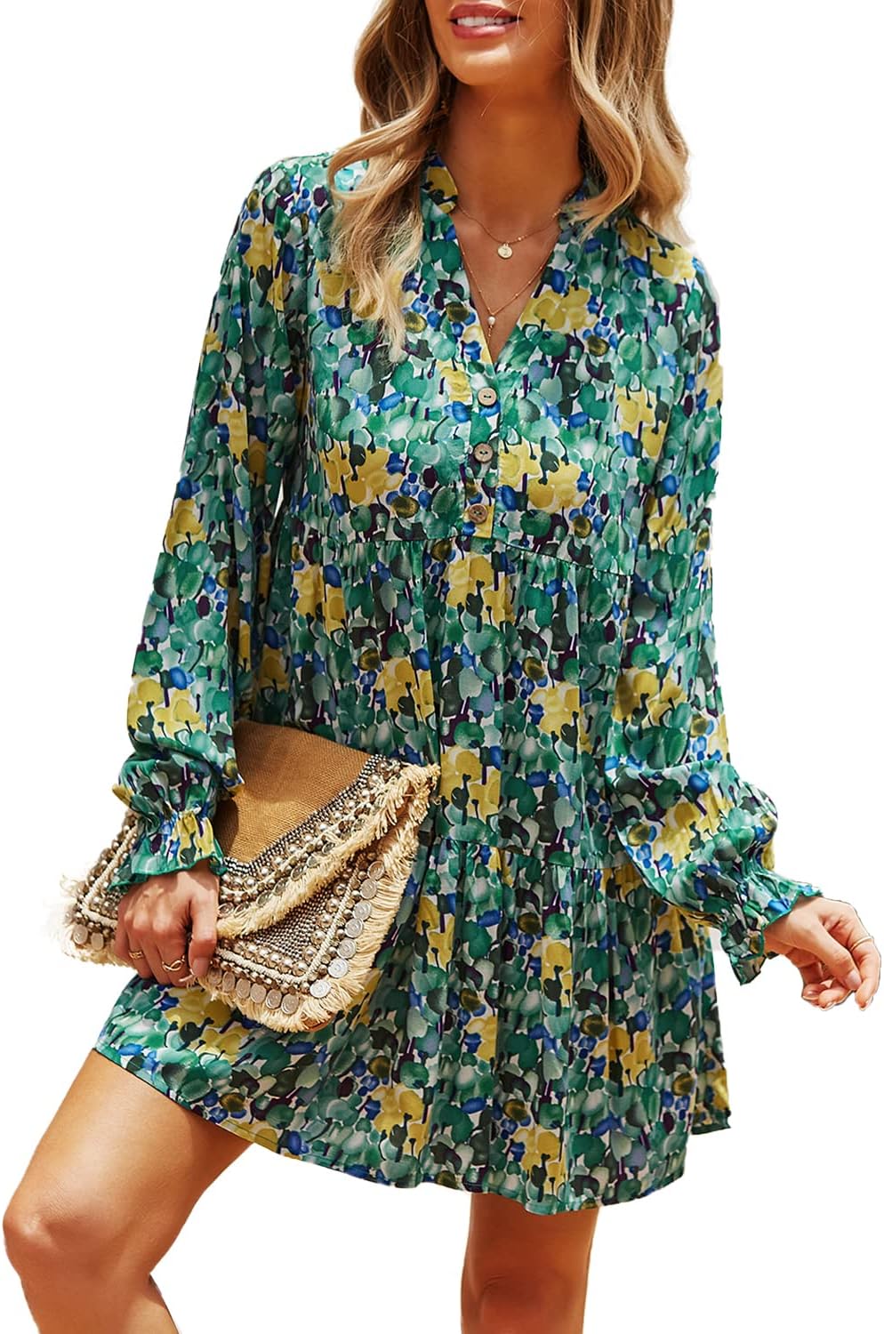 BROVAVE Women's Casual Long Sleeve Tunic Dress Loose Flowy Polka Dot Swing Mini Dress