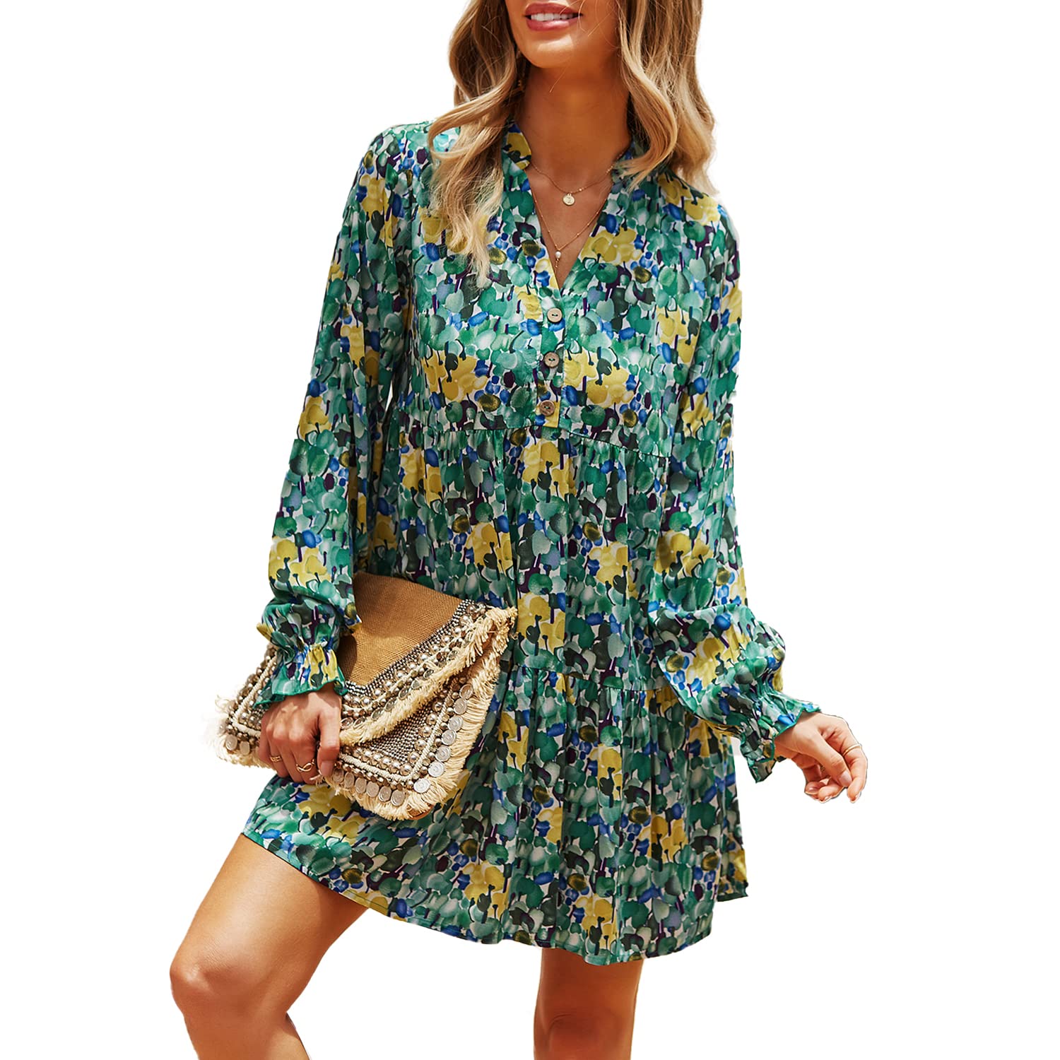 BROVAVE Women's Casual Long Sleeve Tunic Dress Loose Flowy Polka Dot Swing Mini Dress