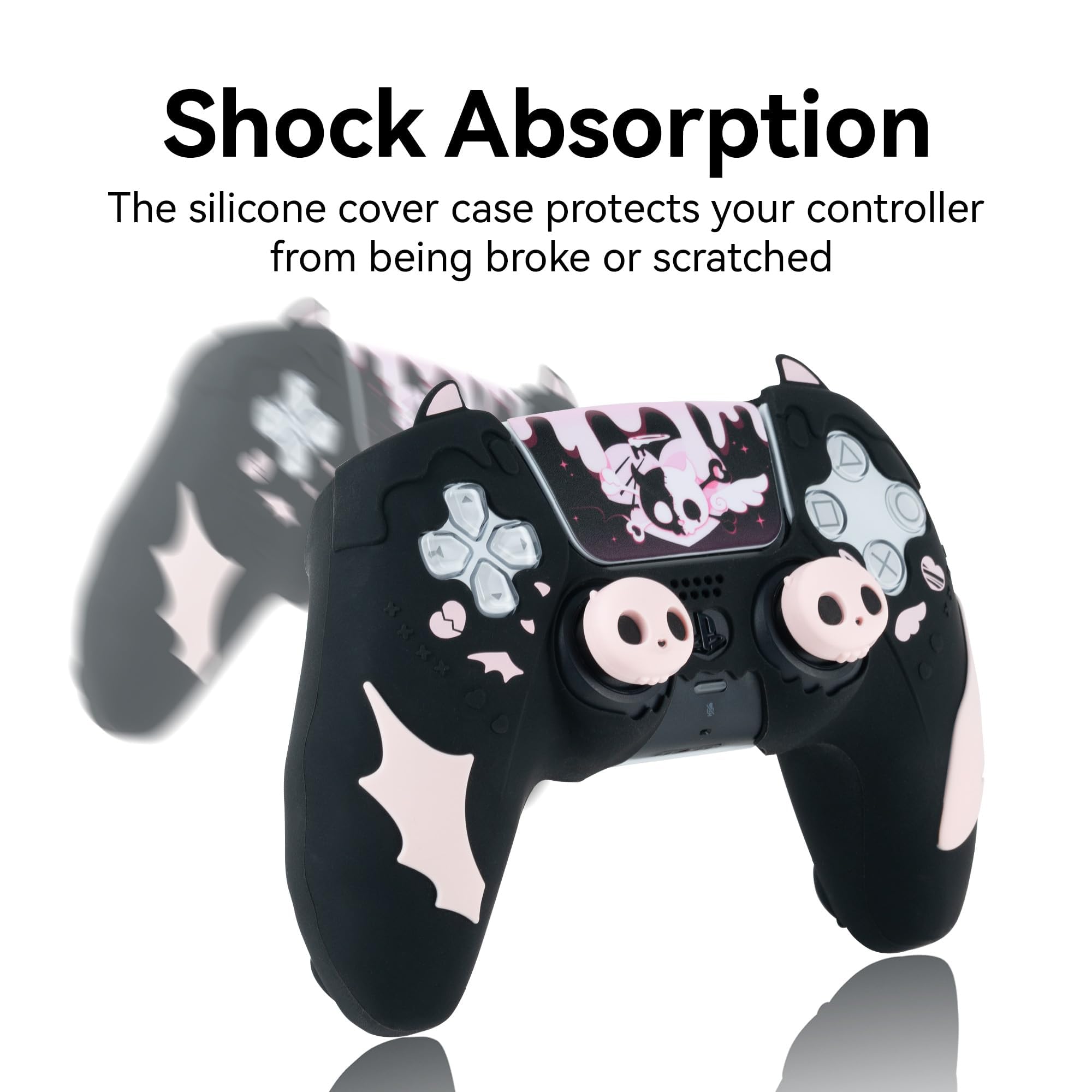 GeekShare Zestaw uroczych uchwytów do kontrolerów PS5, antypoślizgowy silikonowy pokrowiec ochronny, etui z joystickiem do Playstation 5 bezprzewodowy kontroler zestaw akcesoriów, czarna