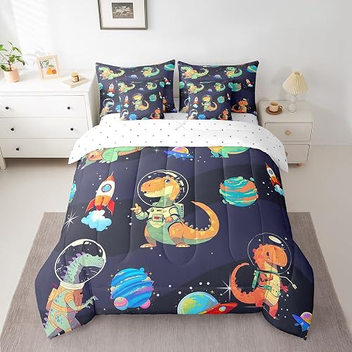 7 Pieces Queen Size Cartoon Astronaut Dinosour Comforter Set,Planets Rocket Airs