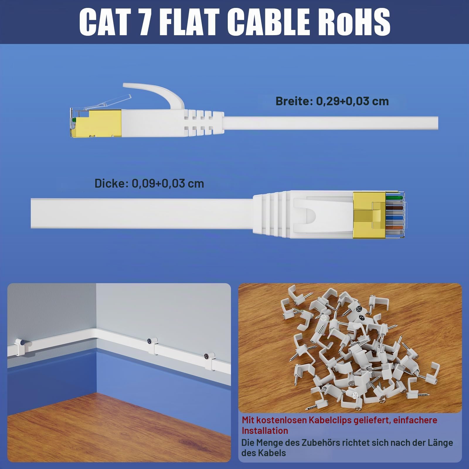 LAN Kabel 50 meter, Cat 7 Netzwerkkabel 50m Outdoor Indoor, Hochgeschwindigkeit Flach Ethernet kabel 600MHz 10Gbps, S/FTP Weiß Gigabit RJ45 Internet Patchkabel Wasserdicht für Router Xbox (50 Clips)