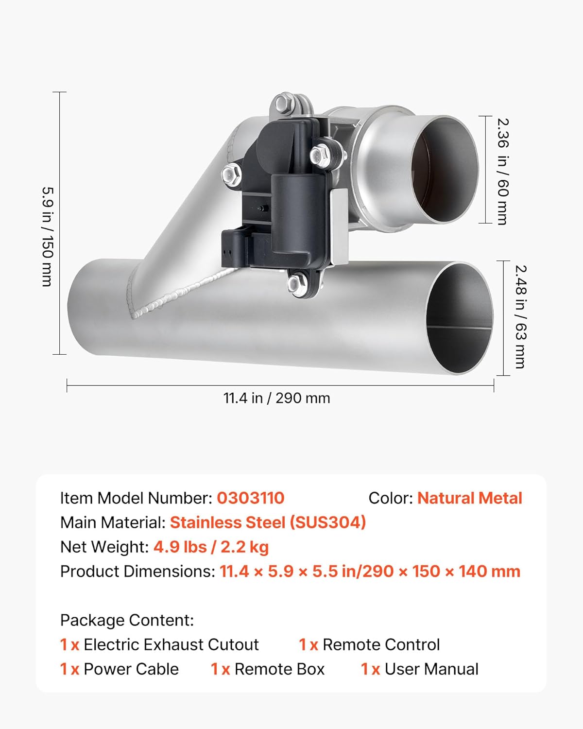 VEVOR Electric Exhaust Cutout, 2.5 Inch Universal Stainless Steel Exhaust Valve Kit with One Controller Remote Kit, Cut Out Valve, Y Pipe, Remote Control & Box, Fits Trucks, Sedans, Sports Cars, SUVs