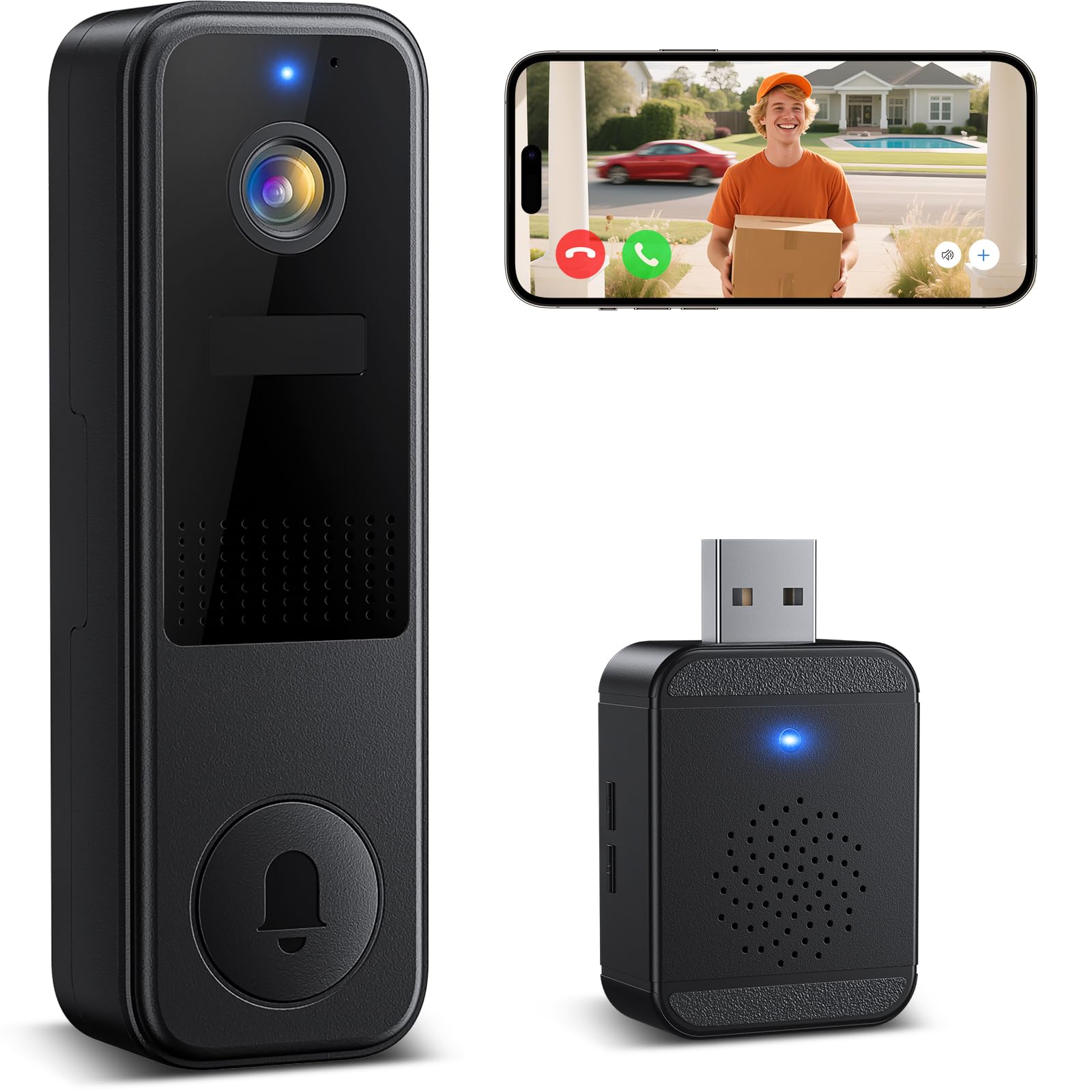 Belleye 2K Wireless Video Doorbell Camera, Video Door Bell with USB Chime, 2.4GHz,Human Detection, Night Vision,Only Cloud Storage Supported,2-Way Audio, IP66 Weatherproof