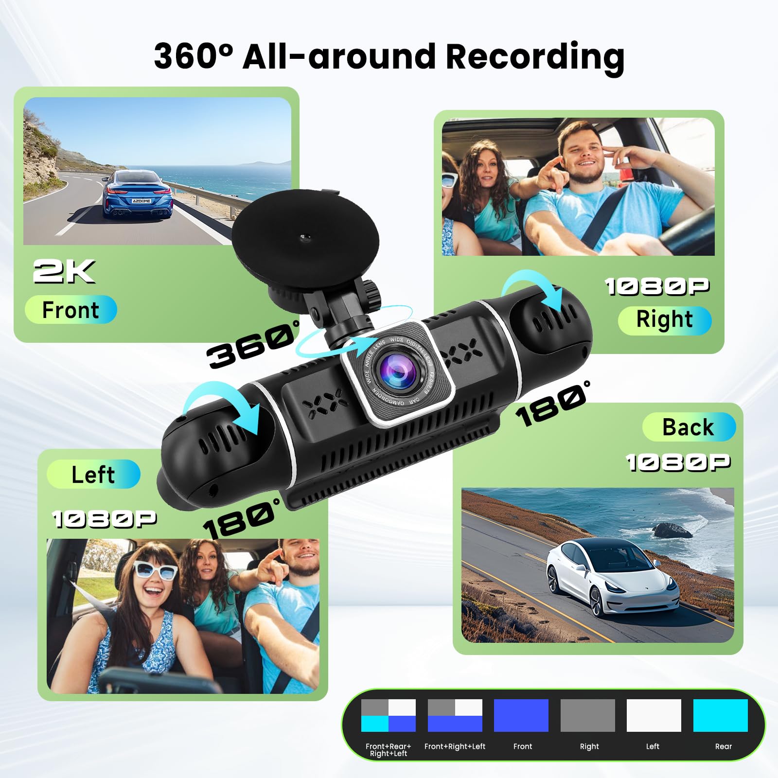 Hodozzy 2K WiFi 4 Canaux Dashcam Voiture, Contrôle Via App Dash Cam Caméra avec Enregistrement en Boucle, Caméra Embarquée 3 Pouces avec Vision Nocturne, Capteur G, Image Miroir, Assistance Arrière