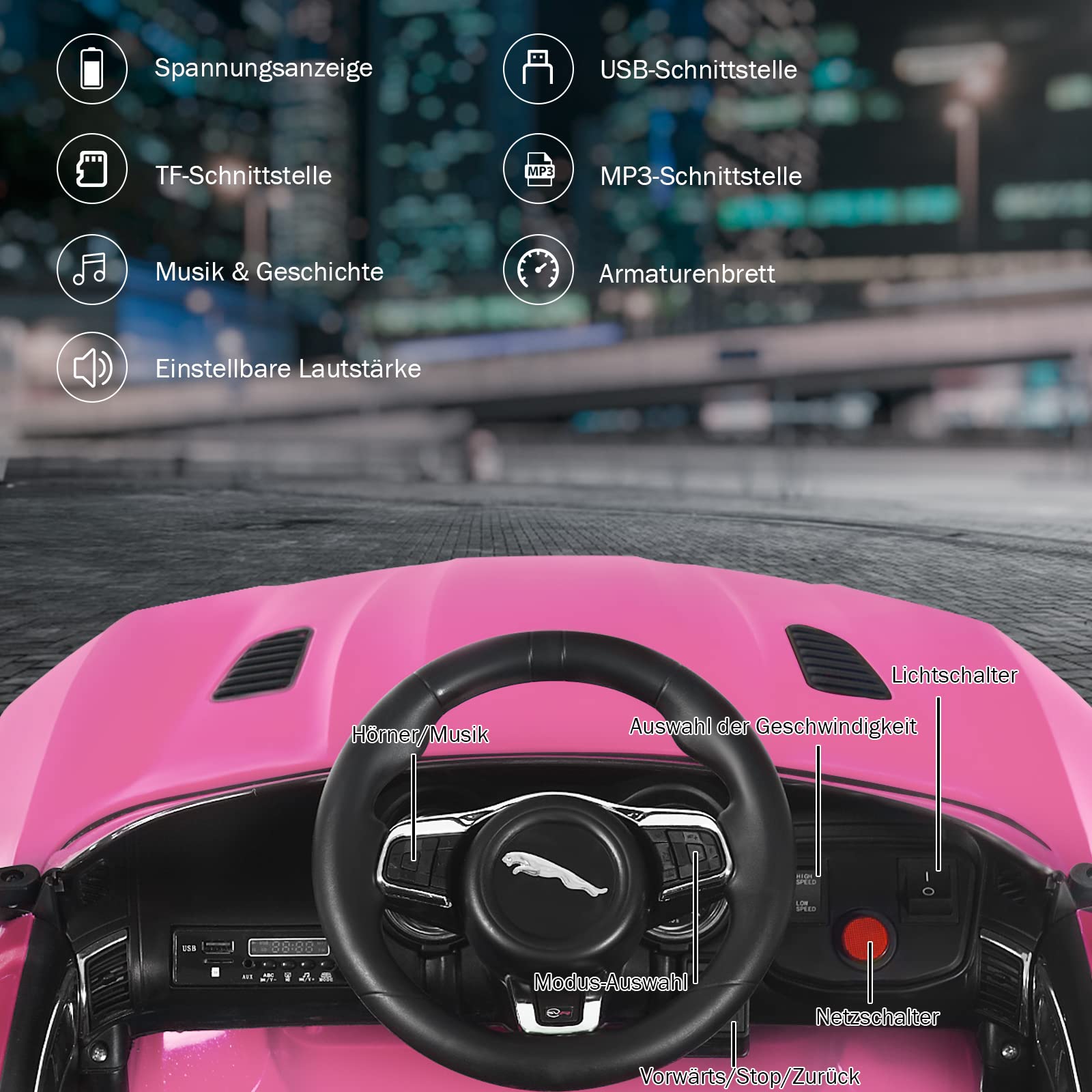 COSTWAY Jaguar Elektro Kinderauto mit Geschichten & Musik & Hupe & Scheinwerfer, 12V Kinderfahrzeug mit 2,4G Fernbedienung, Elektroauto 3-5km/h für Kinder ab 3 Jahre (Rosa)