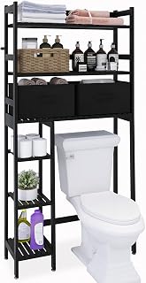 SMIBUY Bathroom Storage Shelf with Drawer, Bamboo Over-The-Toilet Organizer Rack, Freestanding Toilet Space Saver with 3-Tier Adjustable Shelves (Black)