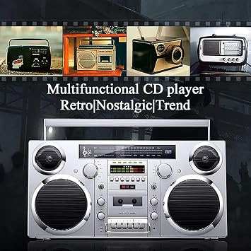 Portable Bluetooth CD Player Boombox - Retro Cassette Player with AM/FM Radio, CD/USB/Cassette/Bluetooth/AUX Input, Built-In Speaker and High Fidelity Sound in Black