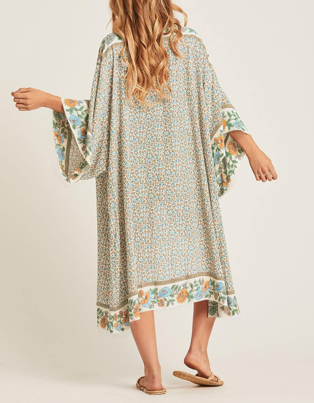 R.Vivimos Women's Vintage Floral Print Beach Boho Cardigan Kimono Maxi Swimwear Cover up Dress Wrap - Image 3