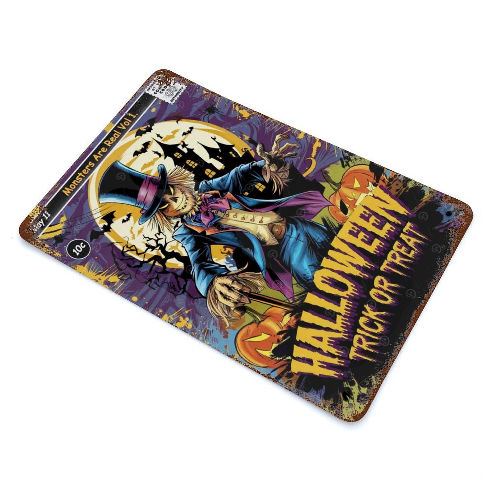 Vintage Metal Tin Sign Halloween Scarecrow Comic Cover 11.8"x7.9", Industrial Home Decor for Farmhouse, Kitchen And Entryway Decor