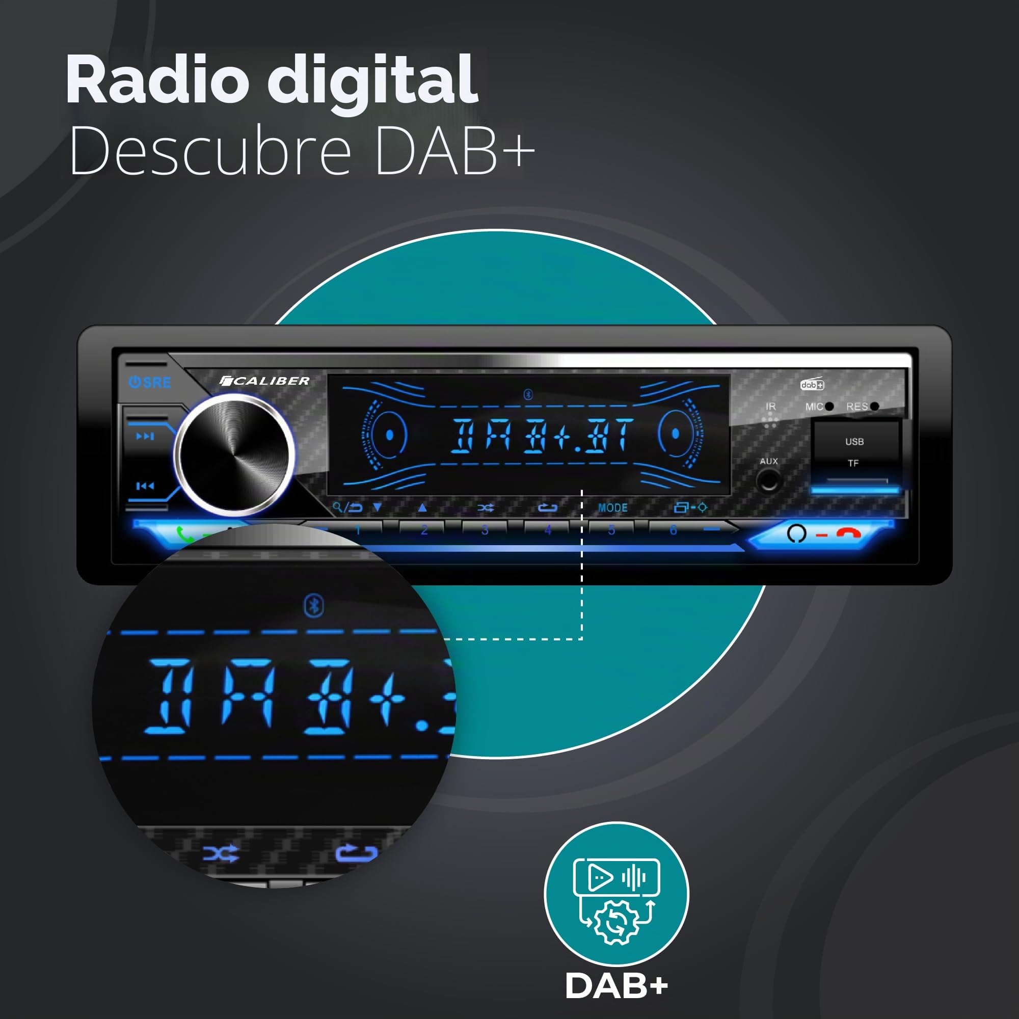 Caliber Radio Coche Bluetooth 1 DIN Dab+, Alta Potencia 4x100W, Autoradio Bluetooth Manos Libres y Micrófono, Efecto de Luz, USB/SD, Carga 2.1A, MP3, Mando a Distancia