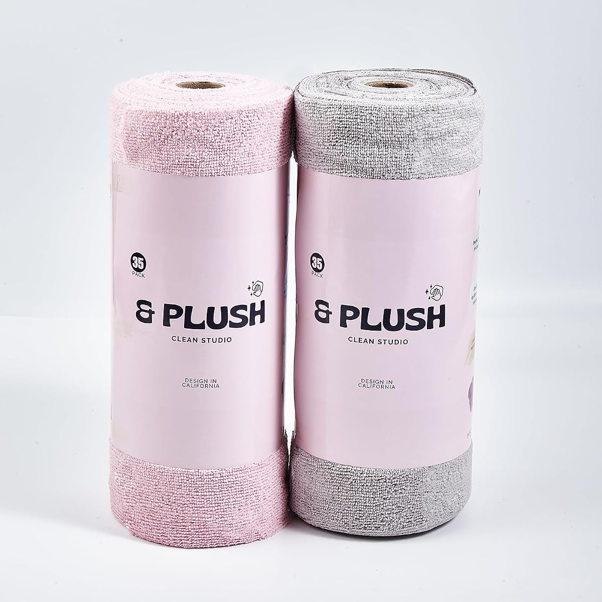 & PLUSH Microfiber Cleaning Cloth Roll - 70 Pack, Tear Away Microfiber Towels, 12" x 12", Reusable, Washable, Streak Free, Ultra Absorbent Dish Rags for Car, Home, Garage or Shop (Grey and Pink)
