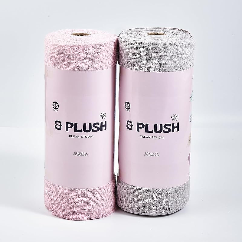 & PLUSH Microfiber Cleaning Cloth Roll - 70 Pack, Tear Away Microfiber Towels, 12" x 12", Reusable, Washable, Streak Free, Ultra Absorbent Dish Rags for Car, Home, Garage or Shop (Grey and Pink)