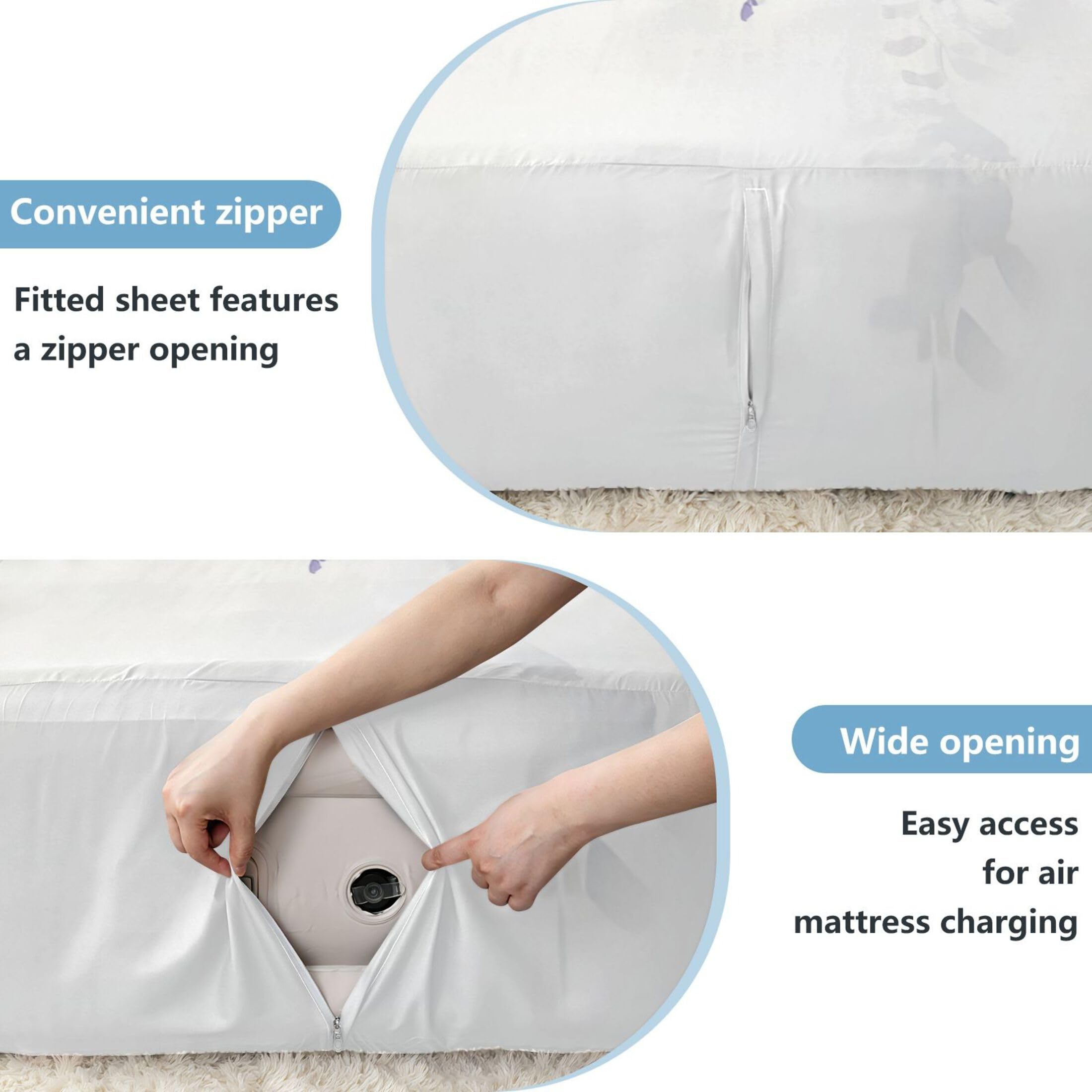 Sábana bajera ajustable de tamaño individual con diseño de flores de glicina de acuarela para colchón de aire, bolsillo extra profundo de 24 pulgadas, funda suave y transpirable con apertura