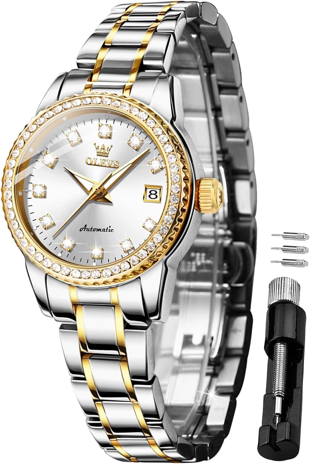 Ladies Diamond Watches Automatic Mechanical Luxury Dress Classic Self Winding Stainless Steel Wrist Watch for Women（Gold/Blue/Black/White Dial）