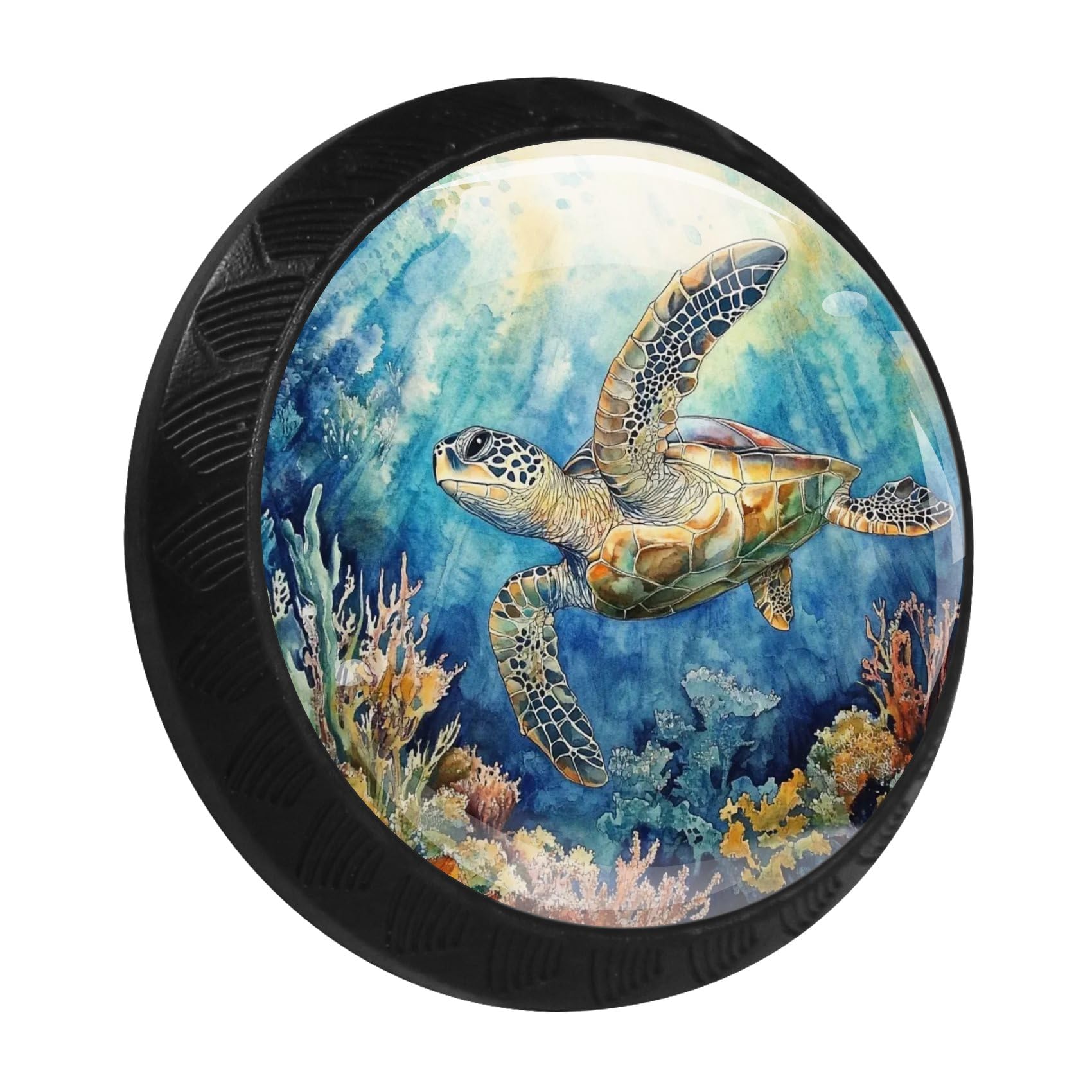 LORVIES Ocean Decorative Cabinet Knobs - Stylish 1.37" ABS Glass Round Black Handles for Home Furniture Kitchen Bedroom Decor - Easy Installation - Set of 4 (Underwater Sea Turtle)