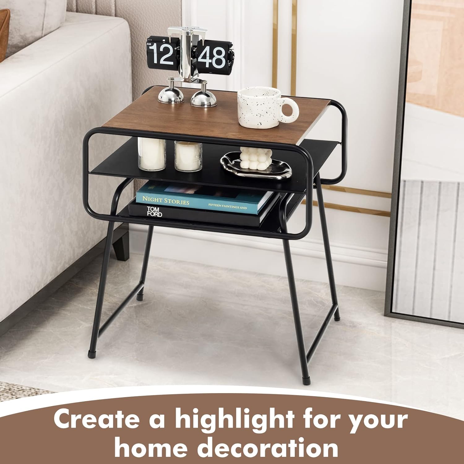Tangkula 3-Tier End Table With Storage Shelf, Industrial Beside Sofa Side Table With Wood Top & Heavy-Duty Steel Frame, Rectangular Coffee Nightstand (1, Natural)