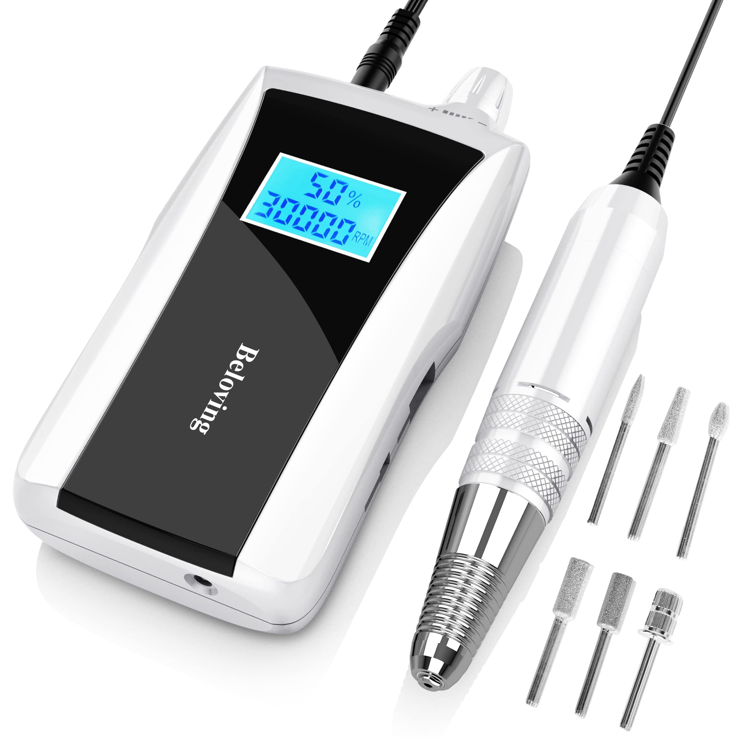 Beloving Nagelbohrer, 30000 U/min, wiederaufladbar, elektrische Nagelfeile, professionell mit Geschwindigkeitsanzeige, Schleifbänder und Bits, tragbares Efile für Acryl-Dip-Gelnägel, Maniküre,