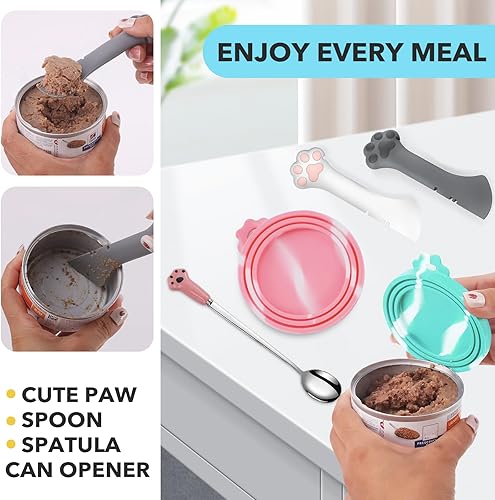 Miniatura 2 de Comtim Juego de 5 tapas y cucharas para latas de comida para mascotas, fundas de silicona para perros y gatos con abridor de espátula multifunción