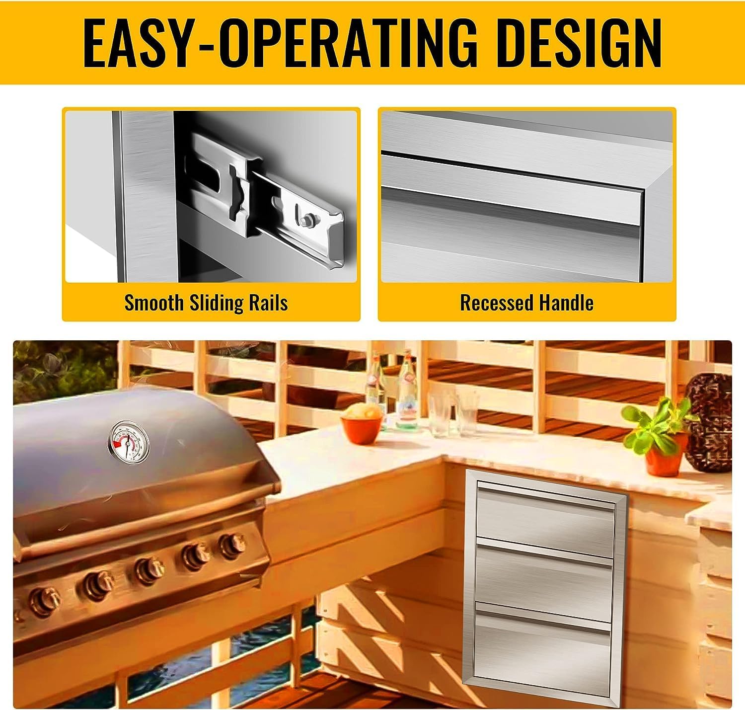 Outdoor Kitchen Triple Drawers 18" W x 24" H x 23" D Inch Stainless Steel Flush Mount BBQ for Outdoor Kitchen Island, or Patio Grill Station