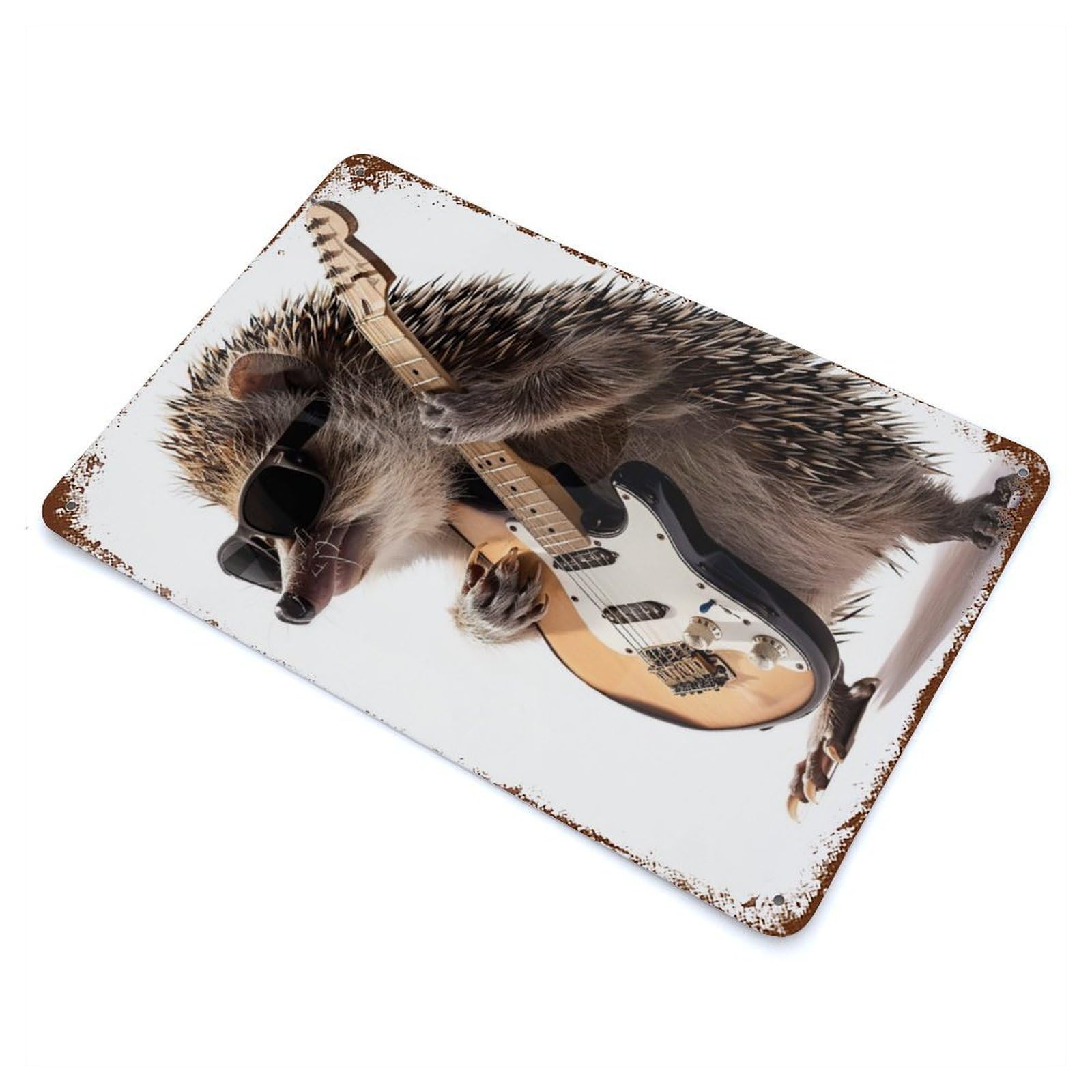 Distressed Metal Wall Sign with Hedgehog Guitar Design 11.8"x7.9", for Living Room, Hallway And Home Decor, Vintage Wall Decor