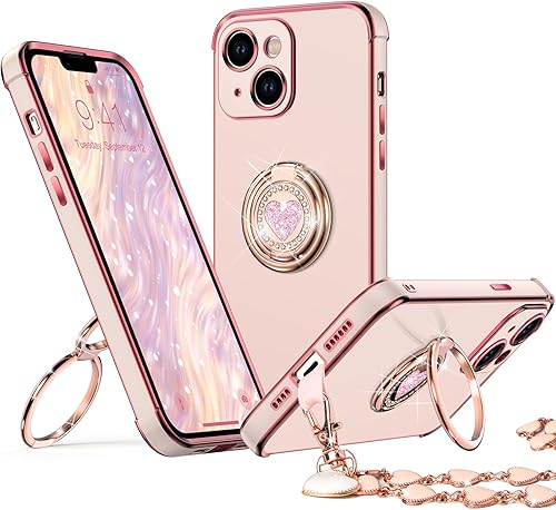 XYZ Funda para iPhone 14 con soporte, funda para teléfono con soporte de doble anillo, funda protectora de lujo para mujeres y niñas, corazón para