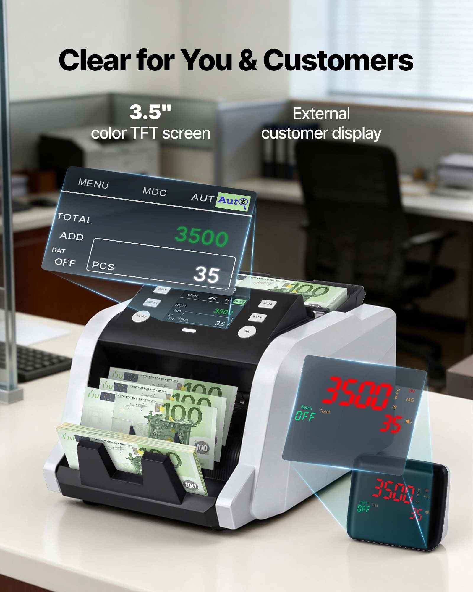 VEVOR Contabanconote Velocità 1200 banconote/min da Banco, Contasoldi con Conteggio del Valore, Rilevamento di Banconote False UV MG IR DD DBL HLF CHN, Display TFT, per Banconote Multiple Valori Misti