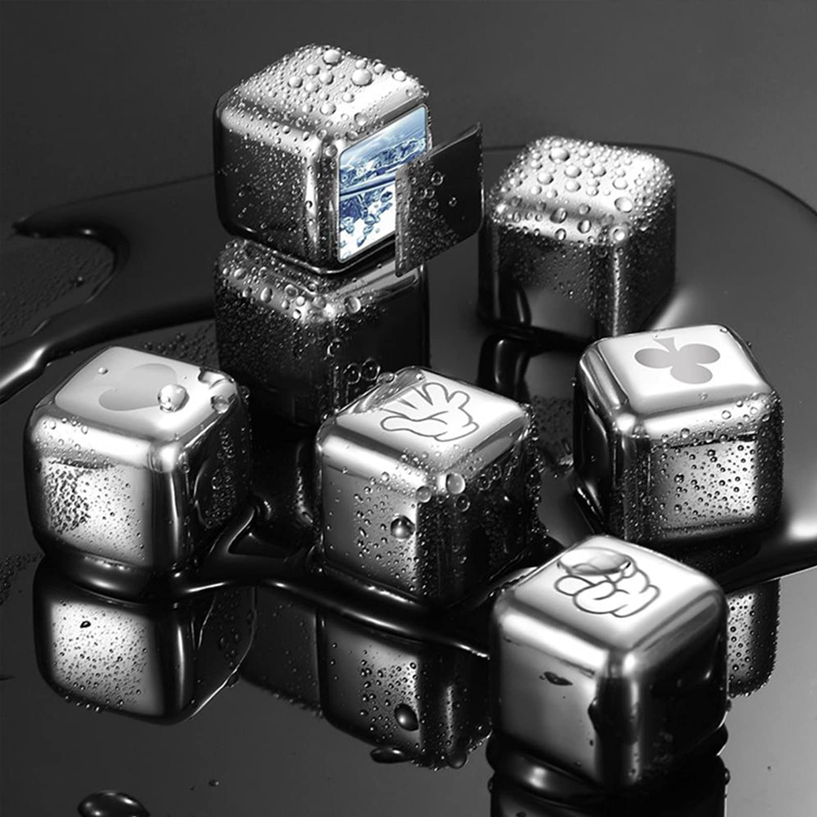 6 Piezas Whisky Chilling Stones Cubitos de Hielo Anti-deformación Reutilizable Acero Inoxidable Congelado Rápido Cerveza Fría Bar Suministros de Cocina,Blank
