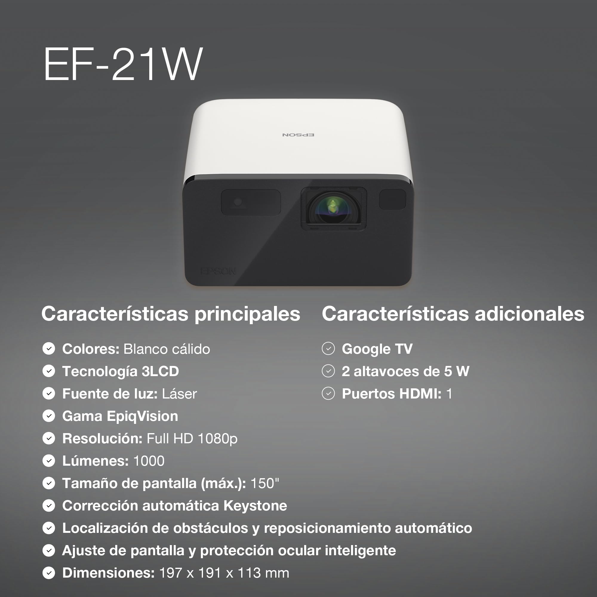 Epson EF-21W - 3-LCD-Projektor - tragbar - 1000 lm (weiß) - 1000 lm (Farbe) - Full HD (1920 x 1080) - 16:9 - 1080p - weiß