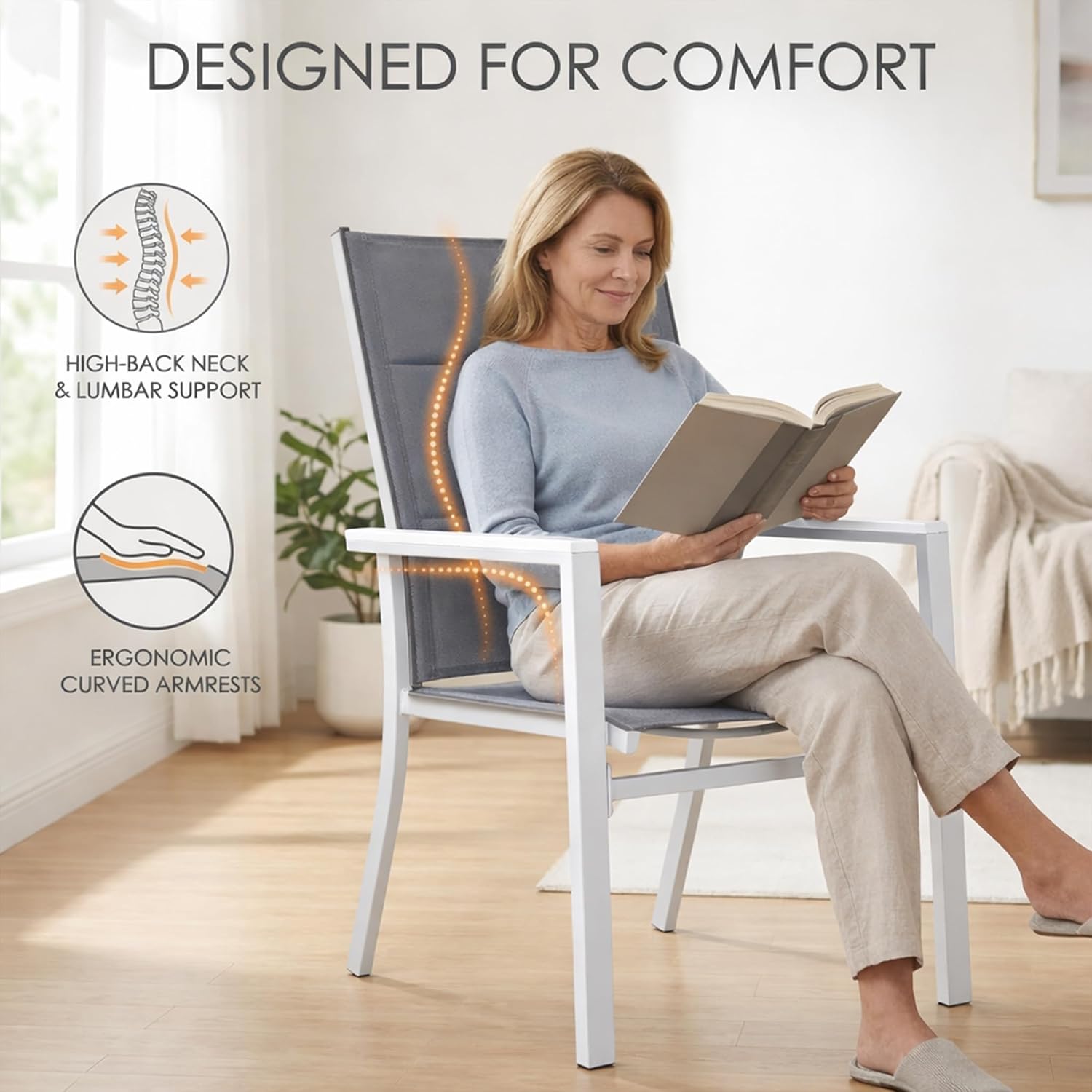 Kozyard Villa Outdoor Patio Dining Chairs Set of 2, Aluminum Frame with Padded Textilene Fabric, Breathable Quick-Dry Sling Chairs for Backyard, Porch, Poolside (White/Gray)
